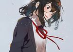  black_eyes black_jacket blush brown_hair collared_shirt fly_(marguerite) grey_background hair_between_eyes jacket looking_down open_mouth red_ribbon ribbon shirt short_hair sidelocks simple_background solo upper_body wavy_mouth white_shirt 
