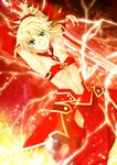  armpits bandeau blonde_hair braid breasts clarent detached_collar detached_sleeves eyebrows_visible_through_hair fate/apocrypha fate/grand_order fate_(series) green_eyes holding holding_sword holding_weapon konoe_ototsugu long_hair mordred_(fate) mordred_(fate)_(all) navel official_art ponytail resized scrunchie small_breasts smile solo sword thighhighs underwear upscaled waifu2x weapon 