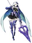  absurdly_long_hair absurdres armor armored_boots black_dress blue_hair boots brynhildr_(fate) brynhildr_romantia dress fate/prototype fate/prototype:_fragments_of_blue_and_silver fate_(series) full_body gauntlets highres holding holding_weapon long_hair looking_at_viewer miwa_shirou pleated_skirt polearm purple_eyes purple_legwear sitting skirt solo spear thighhighs transparent_background very_long_hair weapon 