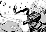  1girl black_dress blush clothed_sex curly_hair dress greyscale hetero looking_at_viewer monochrome one-punch_man penis pussy sex short_hair solo_focus tatsumaki trembling vaginal yumoteliuce 