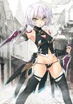  armpits bandages black_legwear black_panties breasts cleavage cleavage_cutout dual_wielding fate/apocrypha fate/grand_order fate_(series) holding holding_knife holding_weapon jack_the_ripper_(fate/apocrypha) knife konoe_ototsugu looking_at_viewer lowleg lowleg_panties navel no_pants official_art open_mouth outdoors panties resized scar short_hair silver_hair small_breasts solo thighhighs underwear upscaled waifu2x weapon yellow_eyes 