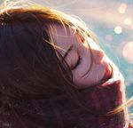  artist_name bangs blurry bokeh brown_hair chromatic_aberration close-up closed_eyes depth_of_field face guweiz hair_over_eyes ilya_kuvshinov_(style) lips long_hair nose original realistic scarf solo sunlight swept_bangs text_focus upper_body 