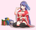  assassin_(fate/stay_night) bangs black_legwear blue_hair blush breasts cake capelet center_opening character_doll christmas cleavage fate/grand_order fate/stay_night fate_(series) food food_on_face fork full_body fur_trim gift green_ribbon groin holding holding_plate large_breasts long_hair looking_at_viewer navel pink_background plate raka_(pkspyellow) ribbon saint_martha seiza simple_background sitting solo stomach thighhighs tiara very_long_hair yellow_ribbon 