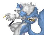  2016 action_pose angry biceps big_muscles black_nose blue_fur canine claws clenched_teeth darkstalkers digital_media_(artwork) fangs flakjacket0204 fluffy_tail fur hi_res jon_talbain kusari-fundo looking_at_viewer male mammal muscular naturally_censored nude sharp_claws side_view simple_background solo standing teeth video_games were werewolf white_background white_fur wolf yellow_eyes 