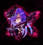  absurdres artist_name blue_hair chibi dominatrix elbow_gloves gloves hat highres iris_heart long_hair looking_at_viewer neptune_(series) one_eye_closed purple_hair red_eyes smile solo sword symbol-shaped_pupils very_long_hair weapon yurax-mae 