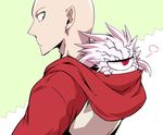  2boys alien back-to-back bald black_eyes carrying chibi cyclops hood hood_basket hood_down hoodie long_hair looking_at_another looking_back lord_boros male_focus multiple_boys one-eyed one-punch_man red_eyes saitama_(one-punch_man) spiked_hair upper_body 