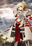  armor armored_dress blonde_hair braid clarent eyebrows_visible_through_hair fate/apocrypha fate/grand_order fate_(series) green_eyes holding holding_sword holding_weapon konoe_ototsugu long_hair mordred_(fate) mordred_(fate)_(all) official_art ponytail shoulder_armor smile solo spaulders sword waifu2x weapon 