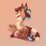  2015 anthro breasts brown_fur brown_tail chest_tuft cyan_pawpads digital_media_(artwork) ear_tuft eyebrows fur gezak gradient_background hair hands_behind_head hindpaw kneeling krokpot markings multicolored_fur multicolored_tail navel nipples pawpads paws pose serva_(krokpot) shaded shadow side_view simple_background solo spines tan_fur tan_tail thick_thighs tuft 