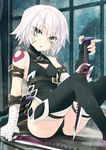  bandages black_legwear blush cleavage_cutout fate/apocrypha fate/grand_order fate_(series) flower holding holding_knife holding_weapon indoors jack_the_ripper_(fate/apocrypha) knife konoe_ototsugu looking_at_viewer official_art rain scar short_hair silver_hair solo thighhighs weapon window 