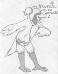  avian beak bird cardinal dancing english_text eyes_closed featureless_crotch female greyscale ipod mimi_mackenzy mizzyam monochrome nude open_mouth pencil_(artwork) pigtails singing solo text traditional_media_(artwork) winged_arms wings 