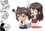 3girls :d ^_^ akagi_(kantai_collection) alternate_hairstyle blush brown_eyes brown_hair chibi closed_eyes comic commentary food food_on_face full-face_blush hakama_skirt heart highres japanese_clothes jhcrow kaga_(kantai_collection) kantai_collection long_hair multiple_girls muneate open_mouth pantyhose peeking_out rice rice_on_face silhouette sitting smile sweatdrop thighhighs translated triangle_mouth twintails wariza zuikaku_(kantai_collection) 
