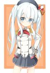  bad_id bad_pixiv_id blue_eyes commentary_request cosplay gloves hand_on_hip hat hibiki_(kantai_collection) kantai_collection kashima_(kantai_collection) kashima_(kantai_collection)_(cosplay) long_hair rateratte school_uniform serafuku silver_hair skirt solo twintails uniform 