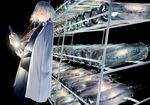  bottle closed_eyes commentary darkness fantasy galaxy glowing highres labcoat long_sleeves original shelf shirt shorts silver_hair solo sousou_(sousouworks) 