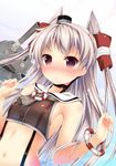  :&lt; adapted_costume amatsukaze_(kantai_collection) armpits bare_shoulders blush breasts brown_eyes commentary_request hair_tubes kantai_collection long_hair looking_at_viewer navel nironiro nose_blush rensouhou-kun sideboob silver_hair sleeveless small_breasts solo suspenders two_side_up windsock 