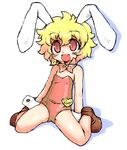  :d animal_ears bare_shoulders blonde_hair blush bow bowtie bunny_ears bunnysuit collar fang flat_chest groin_tendon miter open_mouth original rami_(miter) red_eyes short_hair simple_background sitting sketch smile solo spread_legs wariza white_background wrist_cuffs 