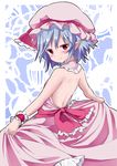  back blue_eyes blush dress dress_lift from_behind hat hat_ribbon lifted_by_self looking_at_viewer looking_back mob_cap no_wings noa_(nagareboshi) pointy_ears red_eyes remilia_scarlet ribbon short_hair smile solo touhou wrist_cuffs 