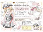  aqua_eyes blonde_hair breasts cup drinking_straw german german_flag hat hizuki_yayoi kantai_collection looking_at_viewer low_ponytail medium_breasts open_mouth prinz_eugen_(kantai_collection) recipe scarf skirt smile solo translated 