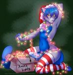  2016 annoyed anthro balls blue_countershading blue_fur blue_hair blue_penis cat christmas christmas_lights clothing entangled erection feline fur girly green_eyes grey_fur hair hat holidays humanoid_penis icy_(foxfan88) kneeling legwear male mammal mostly_nude multicolored_fur nipples penis ryunwoofie santa_hat solo stockings striped_legwear stripes thigh_highs two_tone_fur wide_hips 