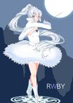  blush boots copyright_name dress full_moon holding holding_sword holding_weapon kokuto_adk left-handed long_hair magic_circle moon myrtenaster rwby silver_eyes solo sword weapon weiss_schnee white_hair 