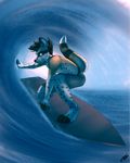  anthro clothed clothing coszcatl crouching half-dressed invalid_tag looking_back male mammal meerkat mongoose outside smile solo surfboard surfing swimsuit topless 