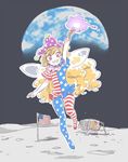  american_flag american_flag_dress american_flag_legwear blonde_hair clownpiece earth fairy_wings grin hat jester_cap long_hair looking_at_viewer lunar_module mitsumoto_jouji moon pantyhose red_eyes short_sleeves smile solo space torch touhou wings 