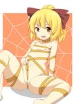  :d between_labia blonde_hair blush bow breasts brown_eyes hair_bow kurodani_yamame looking_at_viewer naked_ribbon navel nipples open_mouth orange_background partially_visible_vulva ponytail ribbon sakura_simonov silk simple_background sitting small_breasts smile solo spider_web spread_legs touhou 