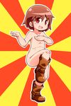  boots brown_hair commentary_request covering covering_breasts highres jinnouchi_akira kill_me_baby nude oribe_yasuna red_eyes short_hair solo standing standing_on_one_leg 
