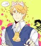  ... 2boys ? ?? animal_ears black_nails blonde_hair blood cat_ears chibi chibi_inset commentary_request dio_brando fake_animal_ears fingernails hair_over_one_eye hairband highres jojo_no_kimyou_na_bouken jonathan_joestar male_focus multiple_boys nail_polish nosebleed phantom_blood sharp_fingernails sorachin sparkle sweat sweater_vest yellow_eyes 