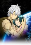  1girl april_fools blood closed_eyes earth ginko green_hair hug injury muscle mushishi official_art scar short_hair space tanyuu_karibusa tears umakoshi_yoshihiko white_hair 