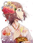  amami_haruka blush brown_hair commentary_request flower green_eyes hair_flower hair_ornament idolmaster idolmaster_(classic) japanese_clothes kimono looking_to_the_side open_mouth short_hair solo upper_body yae_(mono110) 