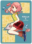  brown_eyes character_name copyright_name flower_skirt from_side hand_behind_head hi73 hirose_yasuho jojo_no_kimyou_na_bouken jojolion looking_at_viewer map multiple_tails pink_hair quin_tails road_sign shoes sign skirt sneakers socks solo tail tongue tongue_out 