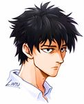  alternate_hairstyle artist_name black_eyes black_hair collared_shirt lintufriikki male_focus neck one-punch_man portrait saitama_(one-punch_man) shirt signature solo younger 