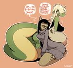  2015 anthro black_hair blonde_hair blue_eyes blush butt canine clothing dialogue dog dragon duo english_text female hair mammal open_mouth parulina shyguy9 sitting sophie_(shyguy9) speech_bubble sweat sweater text thick_tail 
