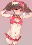  bell blush breasts brown_eyes brown_hair hat kantai_collection kunifuto ryuujou_(kantai_collection) santa_hat small_breasts solo twintails 