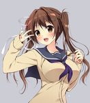  :d blush breasts brown_eyes brown_hair commentary_request hair_intakes hair_ornament hair_ribbon hairclip imouto_no_seiiki jpeg_artifacts large_breasts looking_at_viewer nase_yukana nironiro open_mouth ribbon school_uniform serafuku smile solo twintails upper_body v 