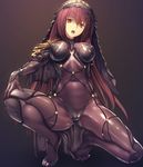  absurdres ass_visible_through_thighs bodysuit breasts brown_hair circlet covered_navel covered_nipples fate/grand_order fate_(series) feet gradient gradient_background hand_on_own_knee highres kawanakajima large_breasts long_hair no_shoes purple_bodysuit red_eyes scathach_(fate)_(all) scathach_(fate/grand_order) simple_background skin_tight solo spread_legs squatting teeth veil very_long_hair 