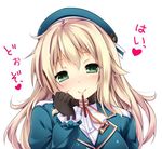  atago_(kantai_collection) beret black_gloves blonde_hair blush commentary_request food gloves green_eyes hat kantai_collection long_hair looking_at_viewer military military_uniform nironiro pocky simple_background smile solo uniform upper_body white_background 