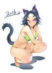  animal_ears aruko_(nac000) barefoot bikini blue_hair breasts cat_ears cat_tail cleavage crossed_arms eyebrows highres large_breasts nac000 navel original red_eyes smile solo squatting swimsuit tail 