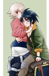  1girl atra_mixta black_hair black_legwear blue_eyes blush boots bracelet coat grey_hair gundam gundam_tekketsu_no_orphans hug jewelry legwear_under_shorts long_sleeves looking_at_viewer mikazuki_augus open_clothes open_shirt pantyhose pantyhose_under_shorts red_eyes shirt short_hair shorts sitting sleeves_rolled_up sweater tears yamaguchi_shinji 