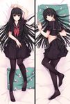  arm_up black_hair black_legwear black_serafuku csai dakimakura from_side full_body kanoe_yuuko light_smile long_hair looking_at_viewer lying midriff multiple_views neckerchief on_back on_side open_mouth pantyhose pillow pleated_skirt red_eyes school_uniform serafuku short_sleeves skirt tasogare_otome_x_amnesia 