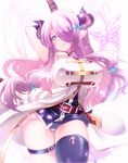  bare_shoulders belt black_gloves black_legwear blue_eyes breasts demon_horns draph elbow_gloves gloves granblue_fantasy hair_ornament hair_over_one_eye hira_taira horns impossible_clothes large_breasts lavender_hair light_smile long_hair looking_at_viewer narmaya_(granblue_fantasy) over_shoulder pointy_ears sideboob single_thighhigh skindentation solo sword sword_over_shoulder thighhighs weapon weapon_over_shoulder 