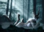  2016 anthro antlers blue_eyes breasts cervine deer female forest fur grass hattonslayden hooves horn looking_at_viewer lying mammal moonbeam nature nude on_front outside pose reindeer solo tan_fur tasteful_nudity tree white_fur 