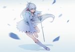  boots dress holding holding_sword holding_weapon jewelry koyorin left-handed long_hair looking_at_viewer myrtenaster nail_polish necklace ponytail rapier rwby scar short_dress silver_eyes silver_hair solo sword weapon weiss_schnee white_dress white_footwear 