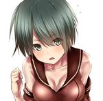  bangs bare_shoulders blush breasts cleavage clenched_hand collarbone commentary_request detached_sleeves flying_sweatdrops green_eyes green_hair kantai_collection large_breasts looking_at_viewer mogami_(kantai_collection) open_mouth school_uniform serafuku short_hair solo swept_bangs tai_(nazutai) upper_body 