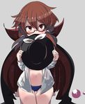  @_@ ass_visible_through_thighs barefoot behind_hat black_hat blue_panties blush body_blush brown_eyes brown_hair cloak covering_face dress_shirt fedora glasses grey_background hair_between_eyes hat hat_removed headwear_removed kawa_mura kneeling long_hair long_sleeves looking_at_viewer low_twintails no_pants open_clothes open_shirt panties red-framed_eyewear seiza semi-rimless_eyewear shirt sitting solo thigh_gap touhou twintails under-rim_eyewear underwear usami_sumireko 