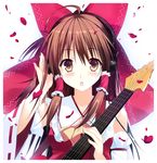  ascot bad_id bad_pixiv_id bare_shoulders blush bow brown_eyes brown_hair detached_sleeves guitar hair_bow hair_tubes hakurei_reimu headphones highres instrument long_hair looking_at_viewer mushroom_(artist) nontraditional_miko open_mouth petals solo touhou upper_body wide_sleeves 