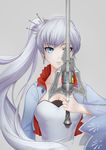 breasts cleavage collarbone cropped_torso earrings highres holding holding_sword holding_weapon jewelry left-handed long_hair looking_at_viewer myrtenaster one_eye_covered parted_lips ponytail qingwa_fu_luo rapier rwby simple_background solo sword weapon weiss_schnee white_hair 