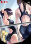  absurdres adjusting_clothes adjusting_hair adjusting_swimsuit ass black_hair braid brown_hair competition_swimsuit hairband highres long_hair mole mole_on_body mouth_hold multiple_girls one-piece_swimsuit original ponytail recording standing swimsuit toumin viewfinder 