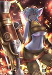  blue_hair blue_skin breasts explosive fingerless_gloves gloves goggles goggles_on_head grenade highres large_breasts league_of_legends midriff navel short_hair smile torahime_(roland00) tristana underboob weapon yellow_eyes yordle 