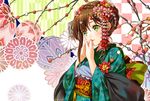  brown_hair flower green_eyes hair_flower hair_ornament japanese_clothes kanzashi kimono ne-on obi original sash solo tsumami_kanzashi 